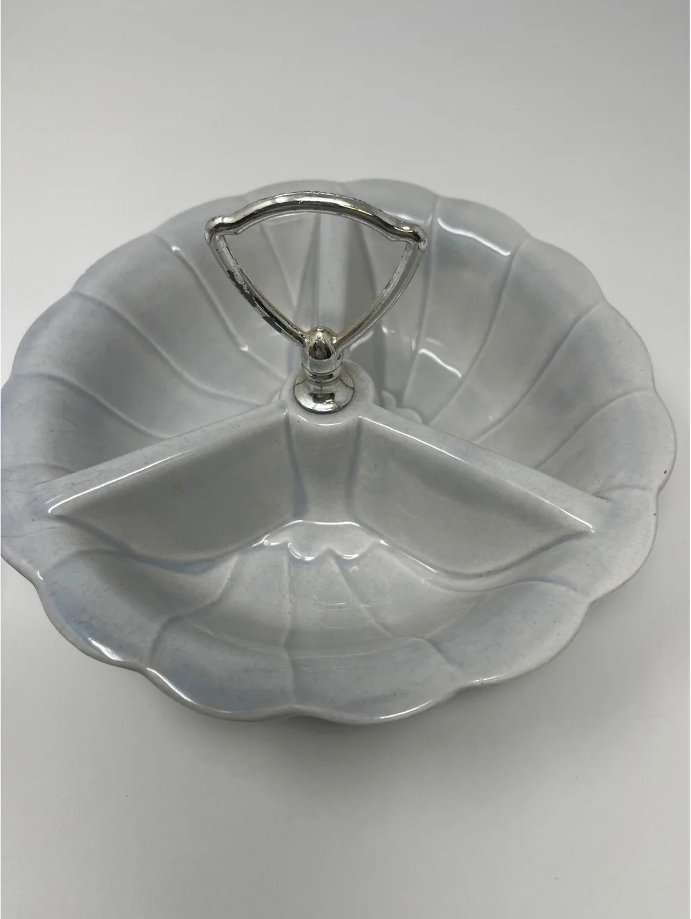 Vintage USA Pottery Blue Divided Serving Dish With Chrome Handle Barware MCM 8”